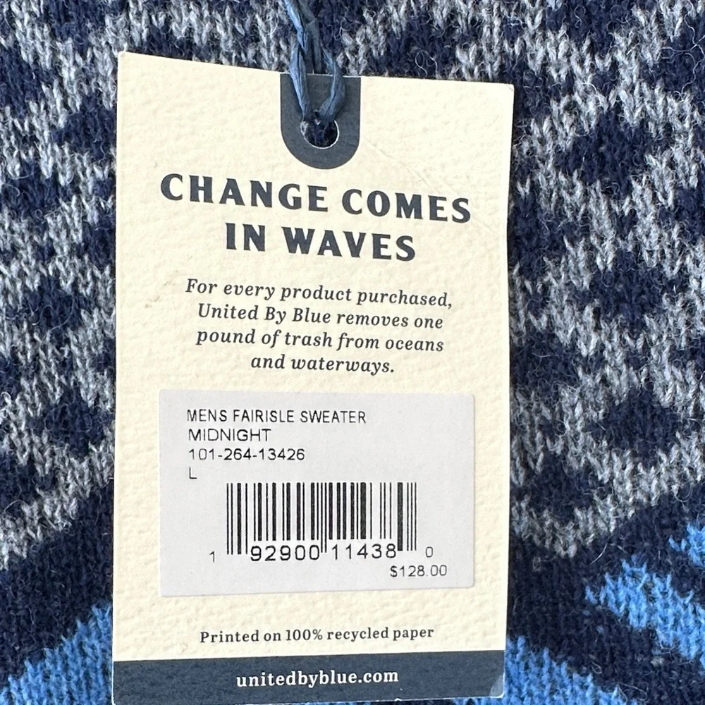 United by Blue Recycled Wool Blend Men's Blue Patterned Fair Isle Sweater